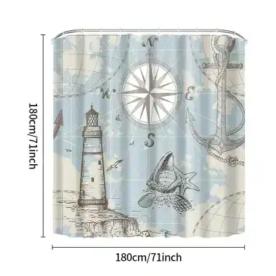 Lighthouse, nautical compass, anchor, starfish and ocean map design curtain for seaside home décor, ideal for marine-themed interior spaces and maritime lovers.