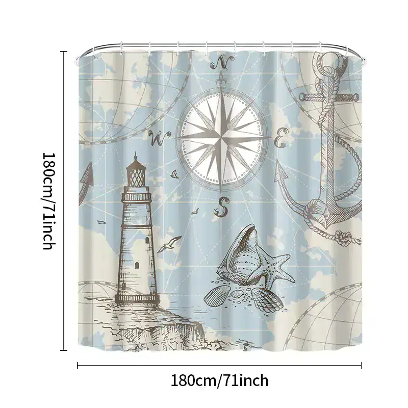 Lighthouse, nautical compass, anchor, starfish and ocean map design curtain for seaside home décor, ideal for marine-themed interior spaces and maritime lovers.
