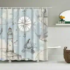 Bright nautical-themed shower curtain featuring lighthouse, compass, starfish, seashell, and anchor designs for a stylish bathroom decor.
