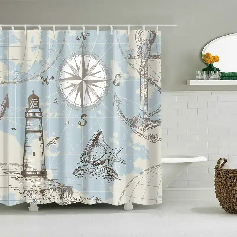 Bright nautical-themed shower curtain featuring lighthouse, compass, starfish, seashell, and anchor designs for a stylish bathroom decor.