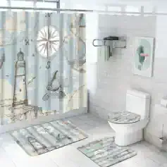 Beach-themed bathroom shower curtain set with lighthouse, compass, starfish, and nautical design, coordinating bath mats and accessories, coastal decor for seaside ambiance.