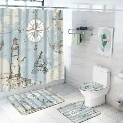 Beach-themed bathroom shower curtain set with lighthouse, compass, starfish, and nautical design, coordinating bath mats and accessories, coastal decor for seaside ambiance.