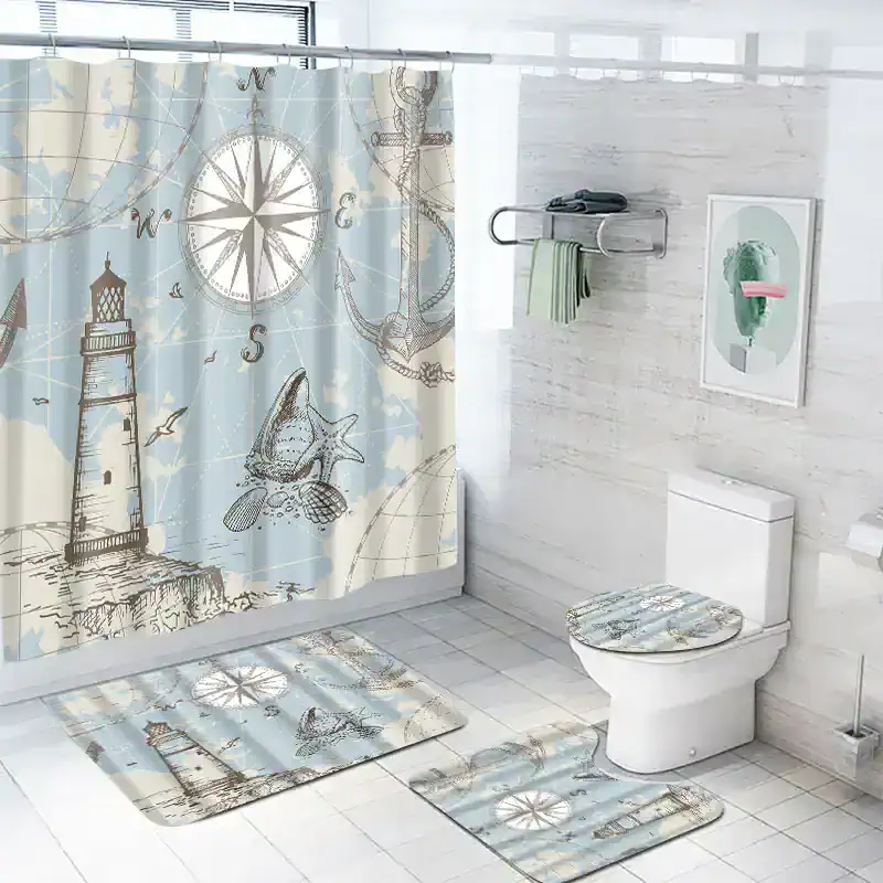 Beach-themed bathroom shower curtain set with lighthouse, compass, starfish, and nautical design, coordinating bath mats and accessories, coastal decor for seaside ambiance.