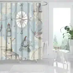Seaside nautical shower curtain with lighthouse, starfish, compass, anchor, and map designs for beach-themed bathroom decor.