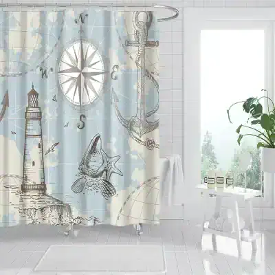Seaside nautical shower curtain with lighthouse, starfish, compass, anchor, and map designs for beach-themed bathroom decor.