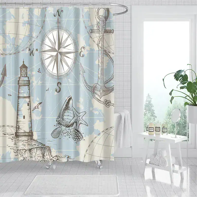 Seaside nautical shower curtain with lighthouse, starfish, compass, anchor, and map designs for beach-themed bathroom decor.