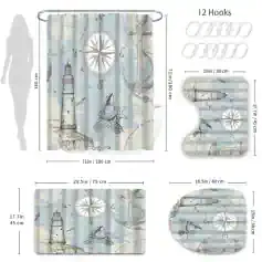 Lighthouse and nautical shower curtain with marine life, compass, starfish, and lighthouse design, perfect for beach-themed bathrooms, 180cm x 180cm, durable waterproof fabric for home or hotel use.