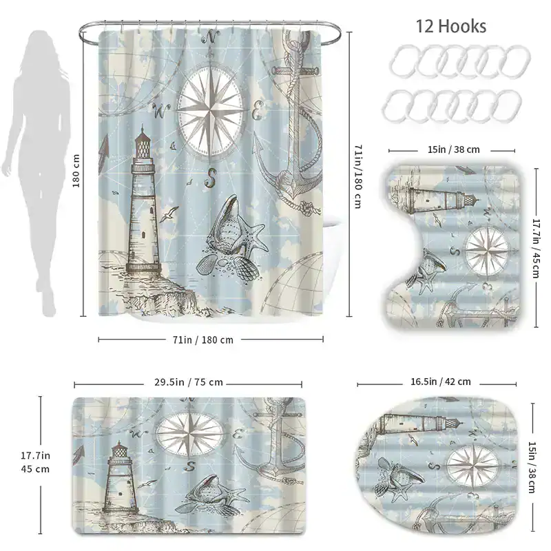 Lighthouse and nautical shower curtain with marine life, compass, starfish, and lighthouse design, perfect for beach-themed bathrooms, 180cm x 180cm, durable waterproof fabric for home or hotel use.