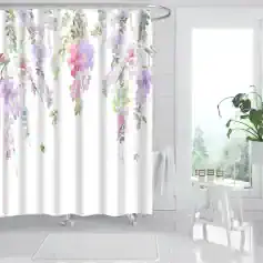 Flower pattern shower curtain with pastel purple pink and green floral design for bathroom decor.
