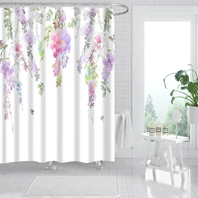 Flower pattern shower curtain with pastel purple pink and green floral design for bathroom decor.