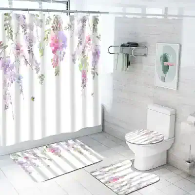 Flowery bathroom shower curtain and accessories with matching rugs, white modern toilet and decorative wall art, light and airy space, perfect for stylish home decor and bathroom updates.
