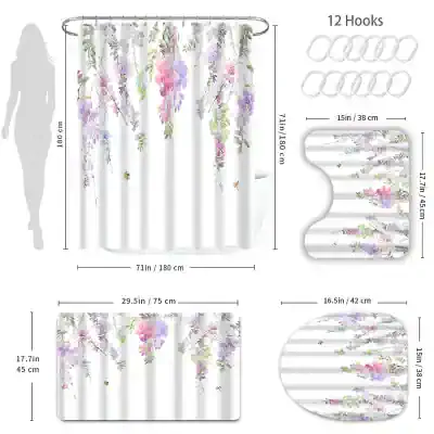 Luxury floral shower curtain waterproof with hooks, MonalisaStore bathroom decor, elegant floral design for modern showers.