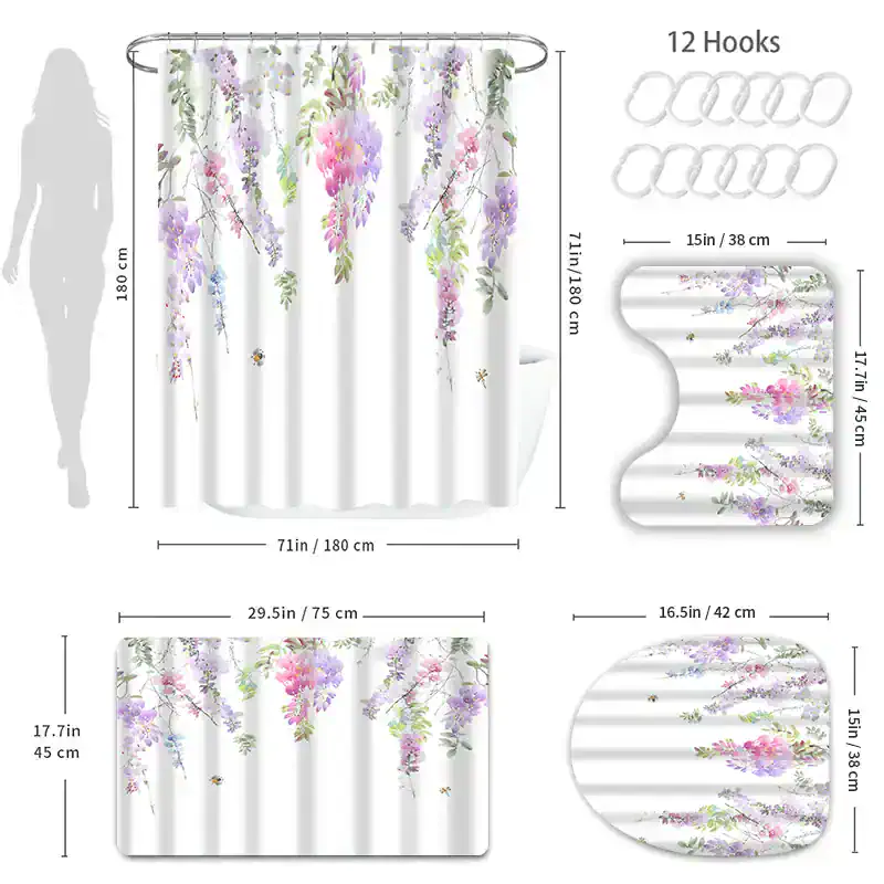 Luxury floral shower curtain waterproof with hooks, MonalisaStore bathroom decor, elegant floral design for modern showers.