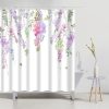 Lavender floral shower curtain with bee accents, ideal for bathroom decor, waterproof fabric, easy to clean, vibrant botanical design, perfect for creating a relaxing spa atmosphere.