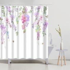 Lavender floral shower curtain with bee accents, ideal for bathroom decor, waterproof fabric, easy to clean, vibrant botanical design, perfect for creating a relaxing spa atmosphere.