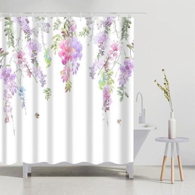 Lavender floral shower curtain with bee accents, ideal for bathroom decor, waterproof fabric, easy to clean, vibrant botanical design, perfect for creating a relaxing spa atmosphere.
