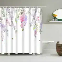 Soft white shower curtain with delicate purple and pink floral pattern, perfect for bathroom decor, waterproof, and easy to clean. Adds a fresh, natural touch to your bathroom space.