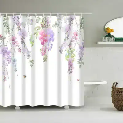Soft white shower curtain with delicate purple and pink floral pattern, perfect for bathroom decor, waterproof, and easy to clean. Adds a fresh, natural touch to your bathroom space.