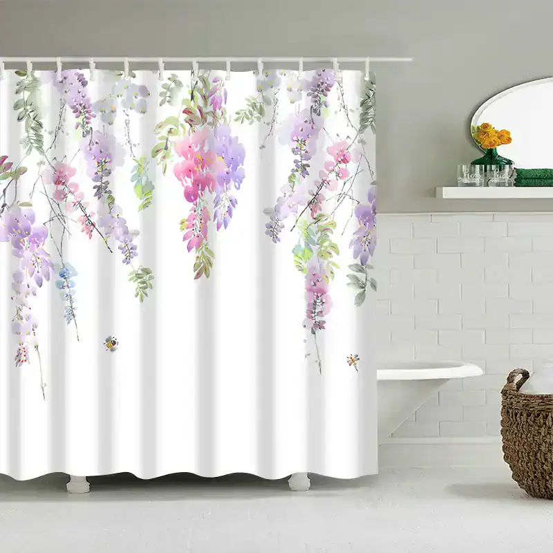 Soft white shower curtain with delicate purple and pink floral pattern, perfect for bathroom decor, waterproof, and easy to clean. Adds a fresh, natural touch to your bathroom space.