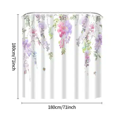 Relaxing floral shower curtain with pastel wisteria and lavender design, perfect for bathroom decor and adding a touch of nature. Made from waterproof, durable fabric for easy maintenance.