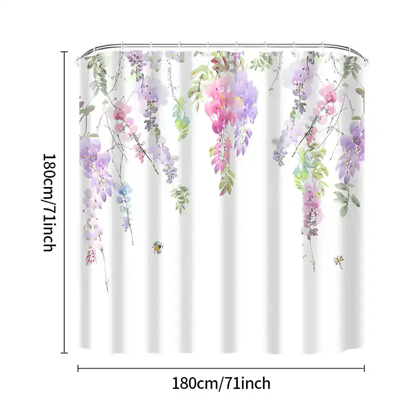 Relaxing floral shower curtain with pastel wisteria and lavender design, perfect for bathroom decor and adding a touch of nature. Made from waterproof, durable fabric for easy maintenance.