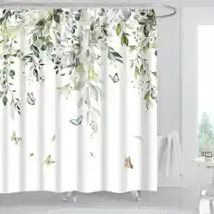 Elegant botanical shower curtain with colorful butterflies and hanging greenery, perfect for bathroom decor and creating a fresh, natural ambiance. Ideal for modern or nature-inspired bathroom themes.