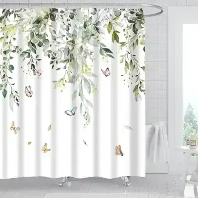 Elegant botanical shower curtain with colorful butterflies and hanging greenery, perfect for bathroom decor and creating a fresh, natural ambiance. Ideal for modern or nature-inspired bathroom themes.
