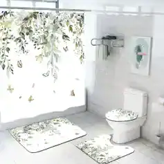 Vibrant floral and butterfly patterned bathroom shower curtain, matching toilet seat cover, bath mats, with a modern white toilet and wall art, creating a fresh, natural ambiance.