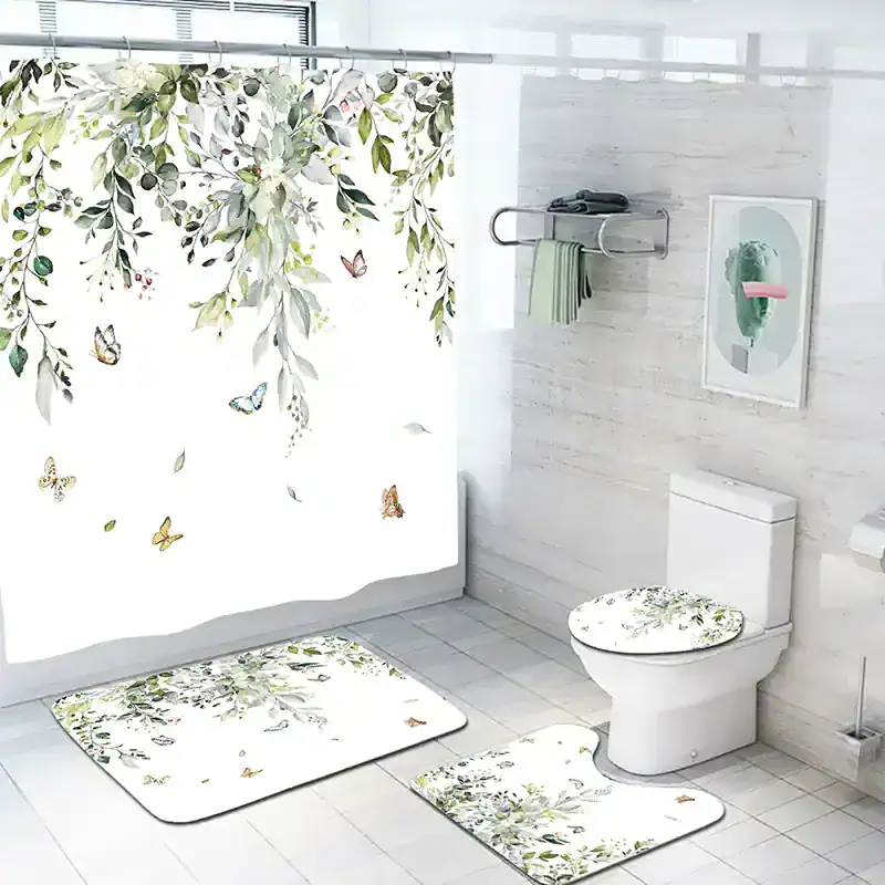 Vibrant floral and butterfly patterned bathroom shower curtain, matching toilet seat cover, bath mats, with a modern white toilet and wall art, creating a fresh, natural ambiance.