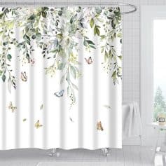 Elegant botanical shower curtain featuring vibrant butterflies, perfect for bathroom decor with a nature-inspired design.