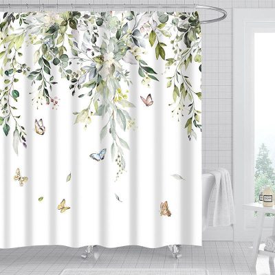 Elegant botanical shower curtain featuring vibrant butterflies, perfect for bathroom decor with a nature-inspired design.