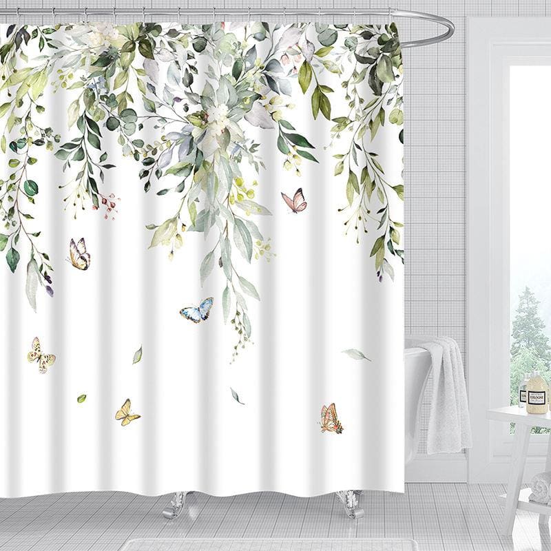 Elegant botanical shower curtain featuring vibrant butterflies, perfect for bathroom decor with a nature-inspired design.