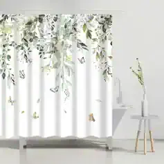 Floral and butterfly print shower curtain with green leaves, white background, and delicate design, perfect for bathroom decor, inspired by Monalisa Store.