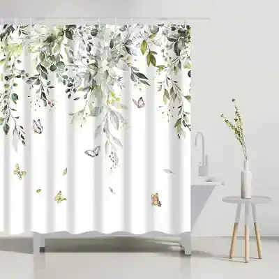 Floral and butterfly print shower curtain with green leaves, white background, and delicate design, perfect for bathroom decor, inspired by Monalisa Store.