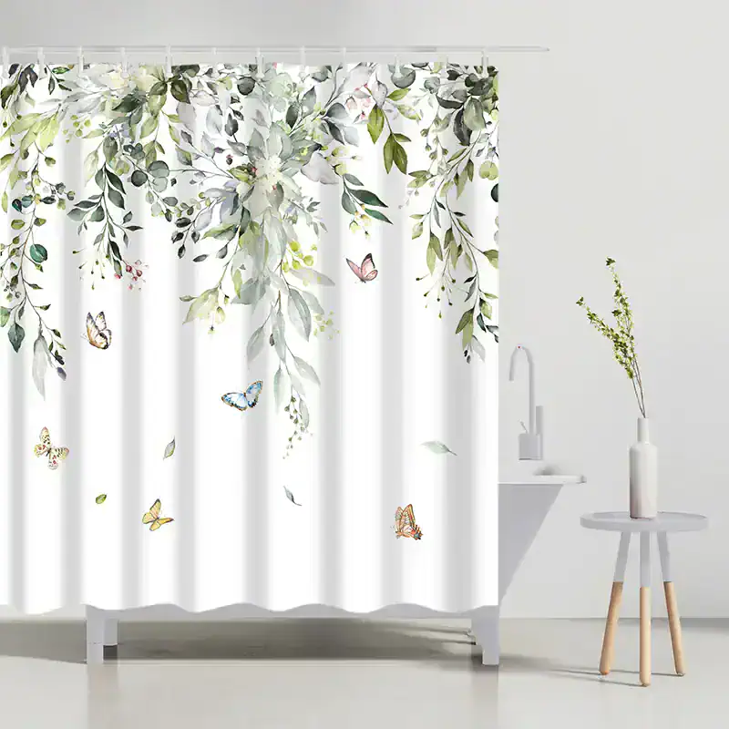 Floral and butterfly print shower curtain with green leaves, white background, and delicate design, perfect for bathroom decor, inspired by Monalisa Store.