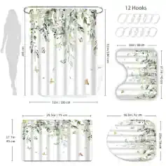 White shower curtain with floral and butterfly design, Monalisa Store opt for bathroom decor, waterproof fabric, decorative shower curtain, floral pattern for stylish bathroom upgrade.