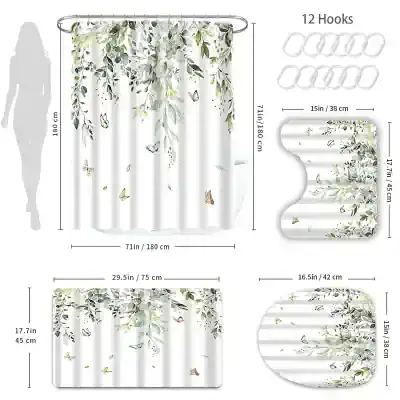 White shower curtain with floral and butterfly design, Monalisa Store opt for bathroom decor, waterproof fabric, decorative shower curtain, floral pattern for stylish bathroom upgrade.