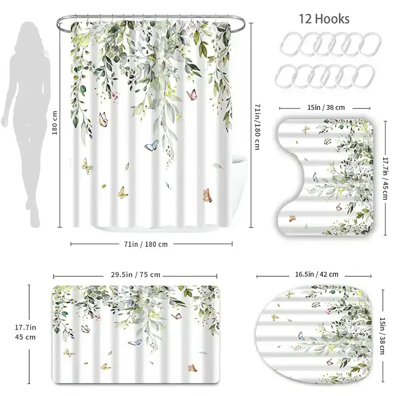 White shower curtain with floral and butterfly design, Monalisa Store opt for bathroom decor, waterproof fabric, decorative shower curtain, floral pattern for stylish bathroom upgrade.