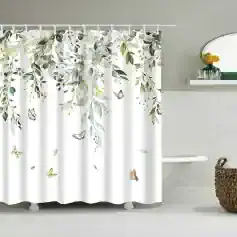 Soft white shower curtain with botanical leaves and colorful butterflies, ideal for home, bathroom, or spa decor, enhancing shower space with nature-inspired design.