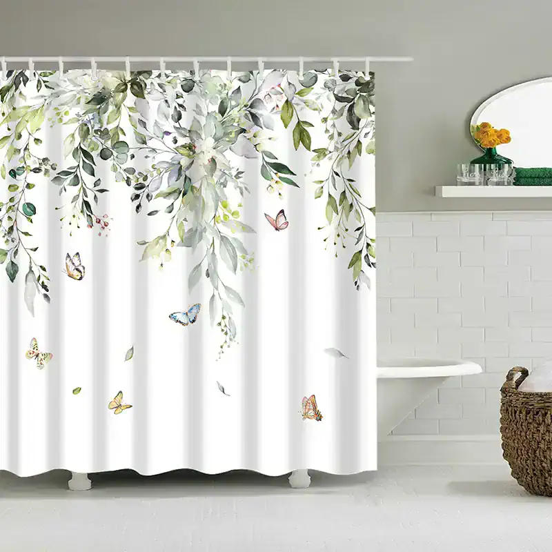 Soft white shower curtain with botanical leaves and colorful butterflies, ideal for home, bathroom, or spa decor, enhancing shower space with nature-inspired design.