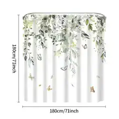 Silk shower curtain with botanical leaves and colorful butterflies, 180cm x 180cm, ideal for bathroom decor, eco-friendly fabric, and elegant floral design.