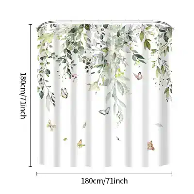 Silk shower curtain with botanical leaves and colorful butterflies, 180cm x 180cm, ideal for bathroom decor, eco-friendly fabric, and elegant floral design.