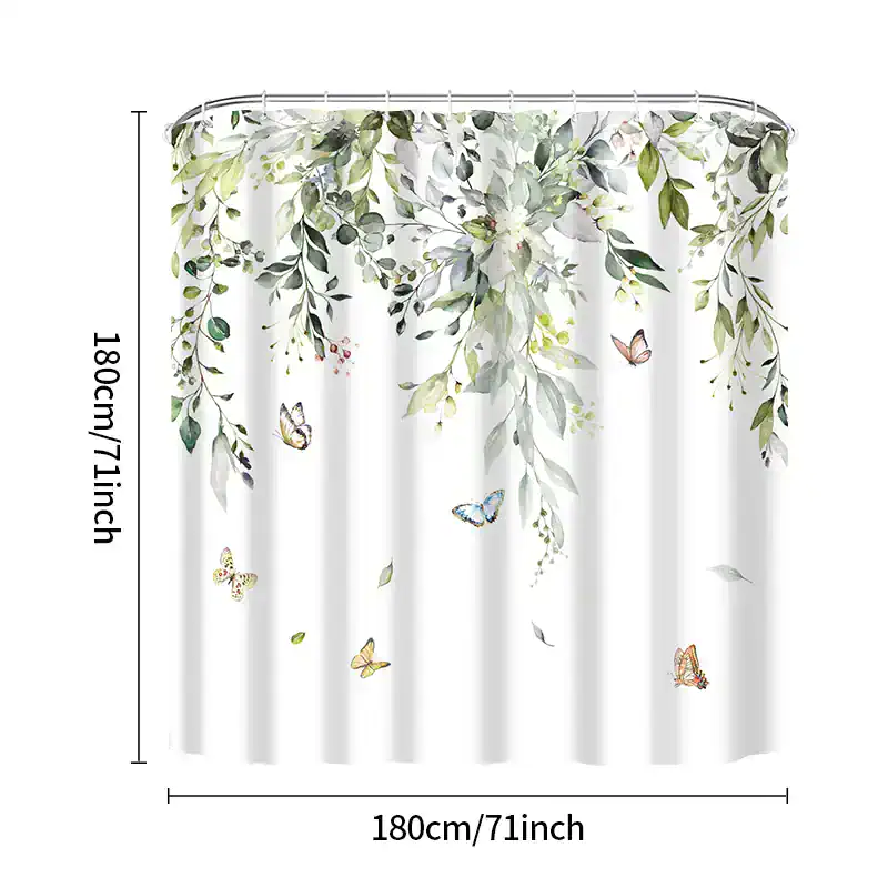 Silk shower curtain with botanical leaves and colorful butterflies, 180cm x 180cm, ideal for bathroom decor, eco-friendly fabric, and elegant floral design.