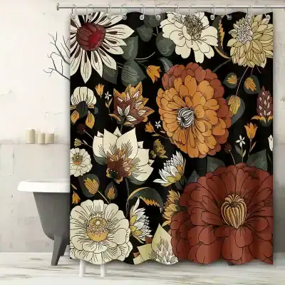 Luxury floral shower curtain with large orange, white, and beige blossoms on black background, stylish and modern bathroom decor, Monalisa Store.