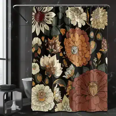 Sunflower shower curtain with large brown, beige, and cream floral pattern, modern bathroom decor, stylish and vibrant floral design for bathroom privacy and aesthetic enhancement, Monalisa Store.