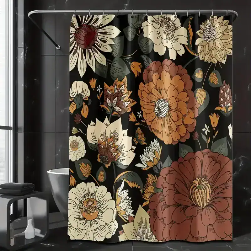 Sunflower shower curtain with large brown, beige, and cream floral pattern, modern bathroom decor, stylish and vibrant floral design for bathroom privacy and aesthetic enhancement, Monalisa Store.