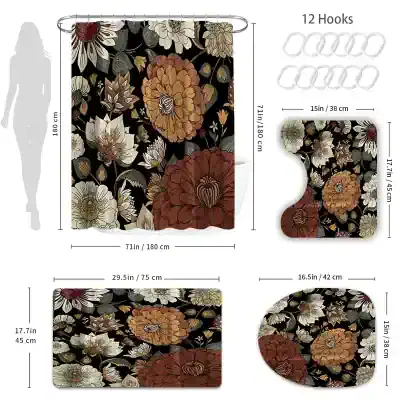 Floral shower curtain with large brown, beige, and white blossoms, black background, decorative matching shower mat and bath accessories, modern bathroom decor.