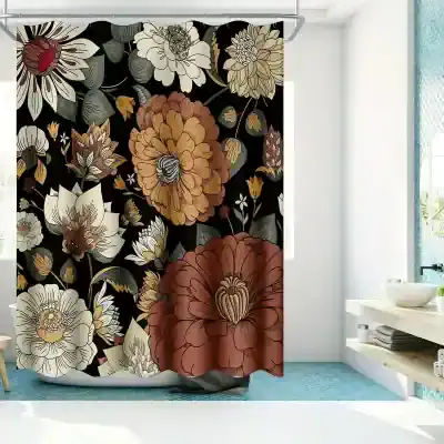 Vibrant floral shower curtain with large, detailed flowers in warm earth tones, perfect for modern bathrooms. Adds a bold, elegant touch to your bathroom decor.