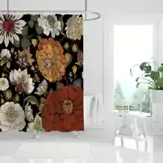 Black floral shower curtain with large orange, white, and beige blooms, perfect for stylish bathroom decor, privacy, and water resistance. Monalisa Store quality bathroom accessories and accessories online.