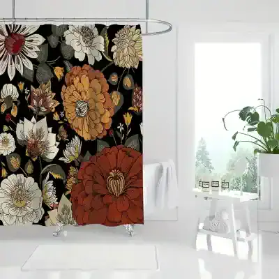 Black floral shower curtain with large orange, white, and beige blooms, perfect for stylish bathroom decor, privacy, and water resistance. Monalisa Store quality bathroom accessories and accessories online.